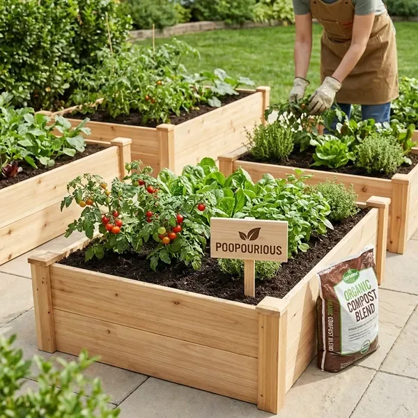Raised bed garden with container fertilizer